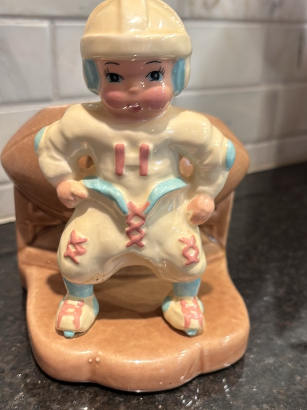 1950’s Ceramic Figurine Boy in Cream, Pink & Light Blue planter 6”